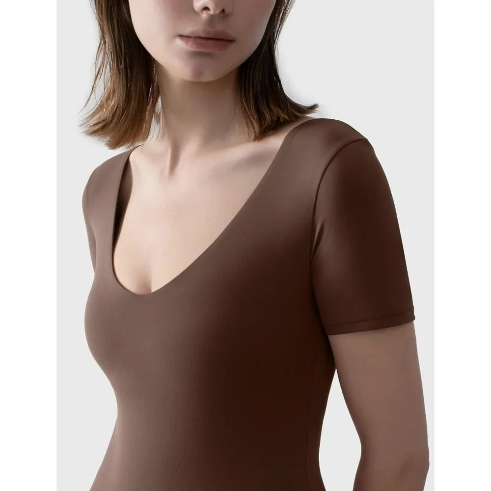 Women's Brown V Neck Short Sleeve Bodysuit Sexy Tops Sharp Collection - Picture 5 of 5